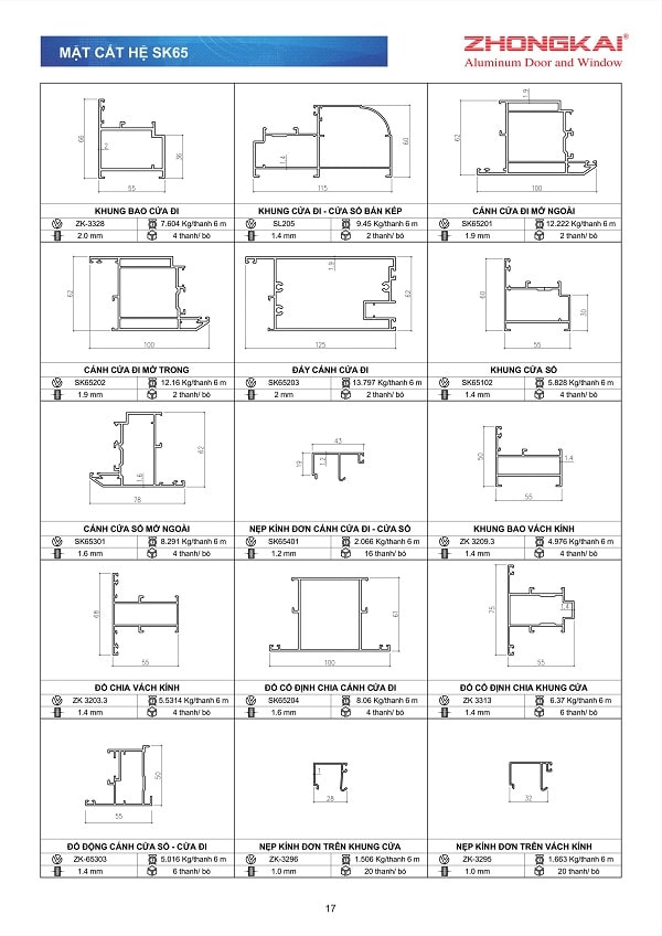 Catalogue Mặt Cắt Nhôm Hệ 65 Của Zhongkai